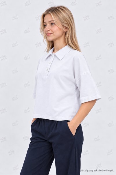 Minimoda Kids Girl's Polo Collar Buttoned Oversize Short Sleeve T-Shirt