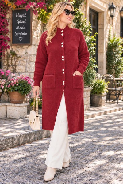 Elçelya Moda Women's Angora Long Stand Collar Flexible Buttoned Pocketed Soft...