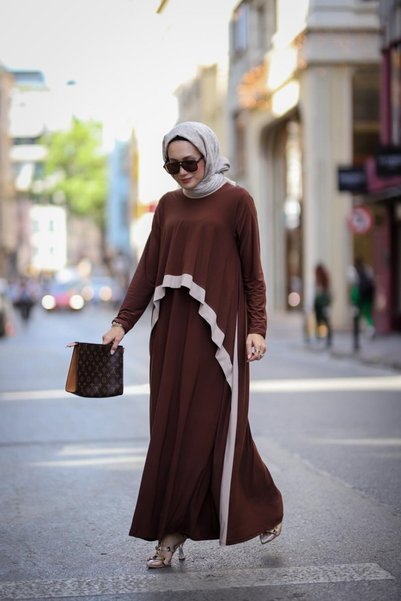 NS Moda Şerit Detaylı Elbise Kahverengi-Model 354