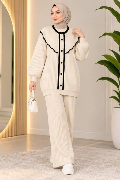 YILMAZBARMAZ Set de tricotaje cu dungi și guler pentru femei, cu pantaloni