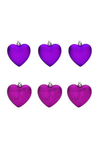 OEM Set de 6 Ornamente pentru Brad de Crăciun Inimi Mov Mate cu Glitter 7 cm