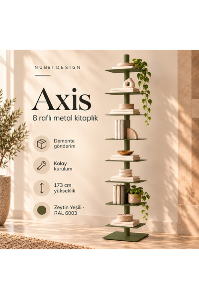 Axis 8 Raflı Metal Kitaplık Modern Tasarım Dikey Dekoratif Kitaplık