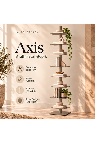 Axis 8 Raflı Metal Kitaplık Modern Tasarım Dikey Dekoratif Kitaplık