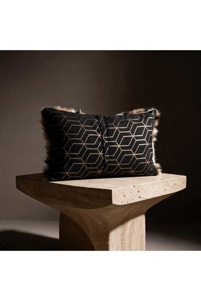 Framgan Noctis V2 Decorative Throw Pillow with Fur and Geometric Patterned Faux Leather Detail