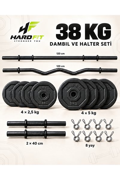 hard & fit 38 kg Z Barlı Dambıl ve Halter Seti – 120 cm Uzun Bar