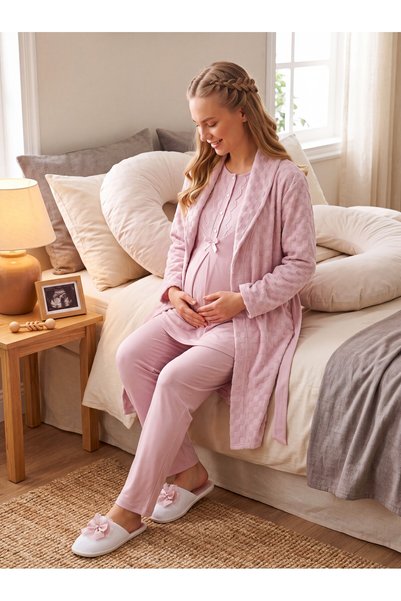 Lohusa Homewear طقم بيجامة للحوامل من الجاكار بتصميم جديد مناسب للرضاعة الطبيعية في الشتاء، بأكمام طويلة وياقة من الدانتيل