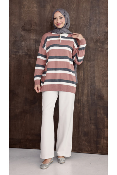 sorisso Knitwear with White Collar and Horizontal Stripes