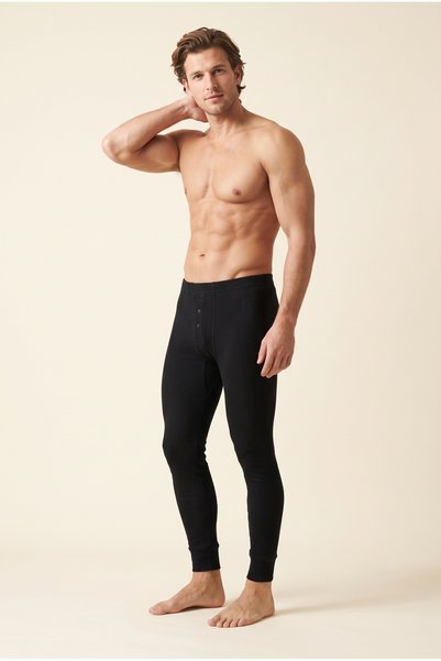 Lux Men's Black Thermal Tights, Cotton Winter Underwear, Warm, Buttoned, Ribbed Cuffs, Flexible Thermal Bottoms