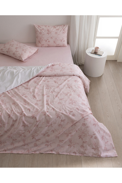 Madame Coco Set de lenjerie de pat Honorine, 100% bumbac, cu cearșaf imprimat Ranforce - Pudra