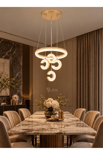 best power ثريا علاقي مودرن LED ذهبية بتصميم إطار دائري مرصع بالكريستال وعناصر هلالية متدلية و3 إضاءات - نجفة سقف 60 واط (موديل 9717)