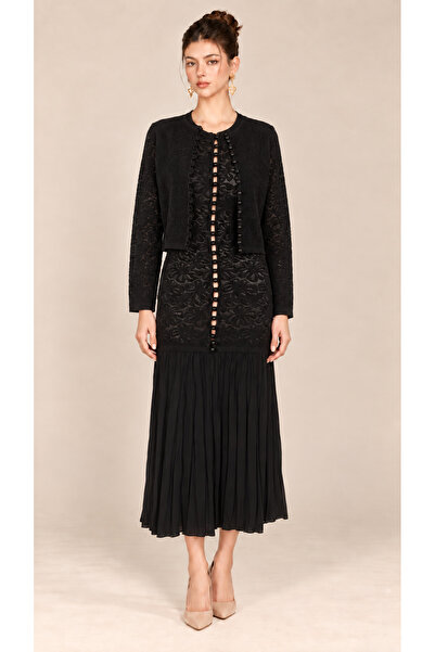 2TRENDY Women's Black Midi Floral Lace Dress Pleated Skirt with Short Jacket