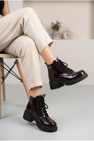MERVESTORE Women's Patent Leather Shiny Lace-Up and Zippered Thick Heeled Cas...