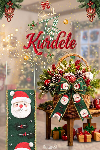FANTASTIC KURDELE Yılbaşı Noel Baba Desenli Sim Saçaklı Telli Kurdele 10 Metre – Çelik Telli Gold Saçaklı 3D Baskılı Hacimli Fiyonk Şeridi
