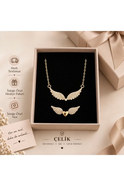 Gleemy accesories Melek Kanadı Figürlü Zirkon Taşlı Gold Çelik Kolye ve Ayarlanabilir Yüzük Seti | Hediye Kutulu Özel Tasarım
