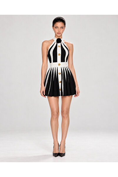 2TRENDY Women's Black Mini Dress Open Back Gold Button Pleated Skirt
