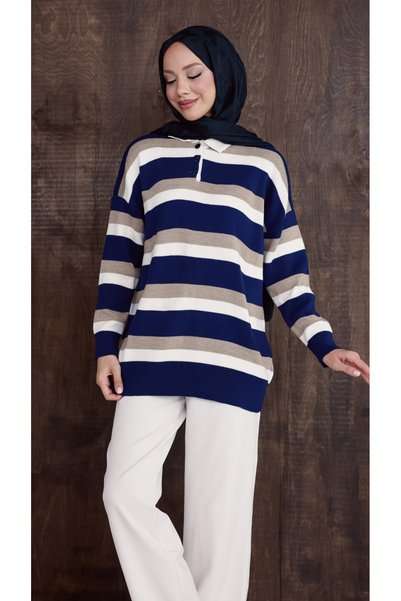 sorisso Knitwear with White Collar and Horizontal Stripes