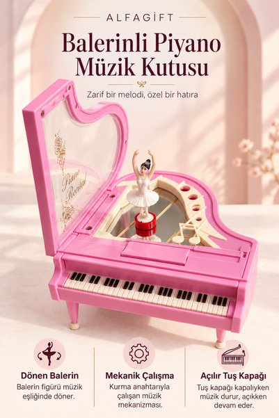 ALFAGİFT Dönen Balerinli Piyano Müzik Kutusu Kurmalı Mekanik Aynalı Pembe Dek...