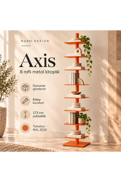 Axis 8 Raflı Metal Kitaplık Modern Tasarım Dikey Dekoratif Kitaplık
