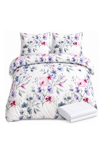 NATERIS Set lenjerie cu cearșaf Rosalie, alb floral, satin, 220x200 cm, 100% ...