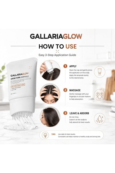 GALLARIAGLOW Korean Hair Growth Serum with Built-In Brush, Biotin, Caffeine & Peptide Scalp Treatment for Thinning Hair, Supports Fuller, Thicker Looking Hair, Lightweight, Fragrance-Free & Sulfate-Free, 100ml