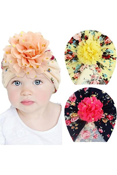 Hannea ® Beaty 3-Pack Baby Turban Flower Print Beanie Caps, Soft Nylon Floral...