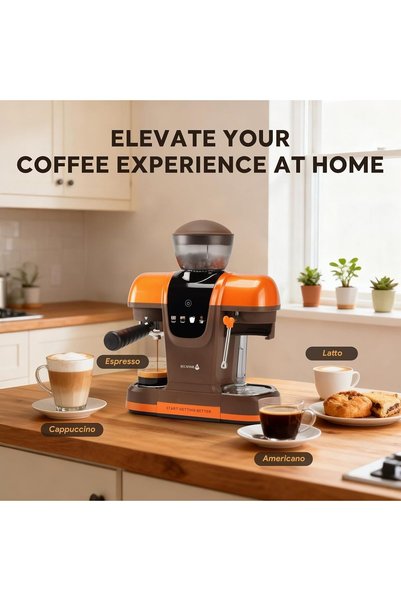 Generic 20 Bar Automatic Coffee Maker with Bean Grinder, 2-in-1 Coffe Maker for Ground Coffee, Cappuccino and Latte Coffee Maker with Milk Frother, Touch Panel, Removable Water Tank (Orange)