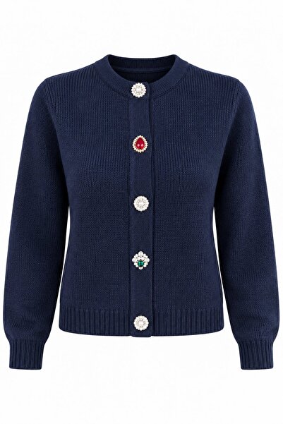 Laluvia Navy Blue Gemstone Buttoned Cardigan - 261083