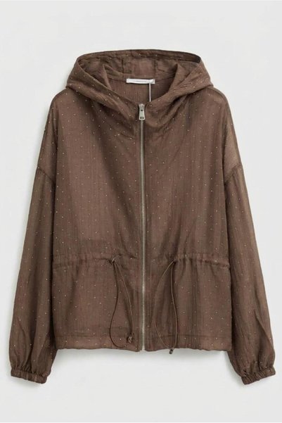 Suziş Brown, Stone-Faced, Hooded Chiffon Jacket Per9755