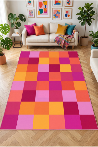 Renkli Canlı Kareli Pembe Turuncu Modern Geometrik Halı Salon Yatak Odası Kolay Temizlenir