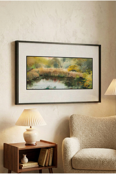 Zevahir Mobilya Dekorasyon 1 Piece Black Wooden Framed Watercolor Lake and Na...