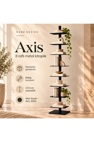 Axis 8 Raflı Metal Kitaplık Modern Tasarım Dikey Dekoratif Kitaplık