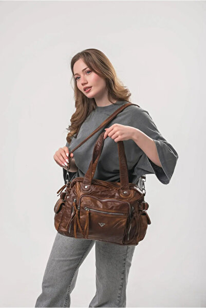 ÇÇS Women's Vintage Washed Leather Look Multi-Pocket Zippered Large Size Shou...
