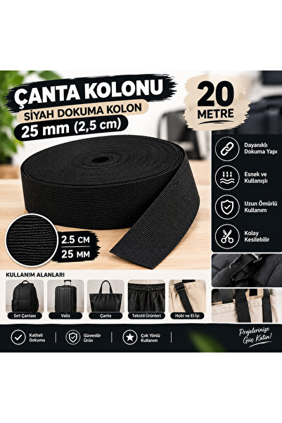 Siyah Dar Dokuma Çanta Kolonu 25 mm (2,5 cm) 20 Metre – Çanta Askı Kolonu, Sırt Çantası, Valiz ve Tekstil Kolonu