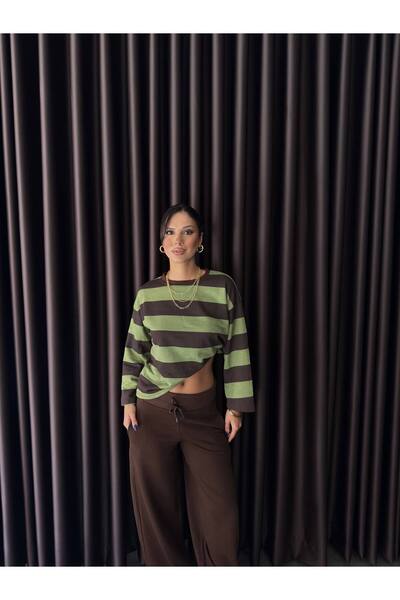 ZF BUTİK Kadın Çizgili Oversize Crop Sweatshirt