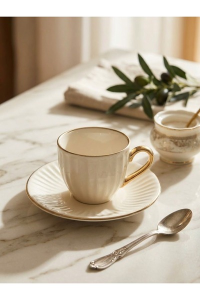 DOWRY STİL Luxury Porcelain Gold Gilded Striped Coffee Cup Set