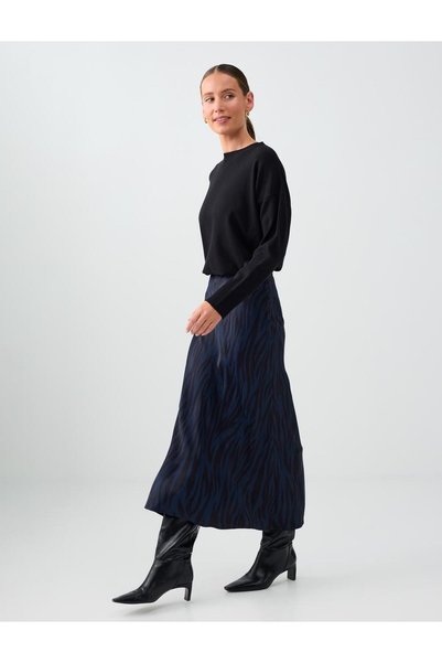 Jimmy Key Navy Blue Zebra Patterned Straight Cut Satin Midi Skirt