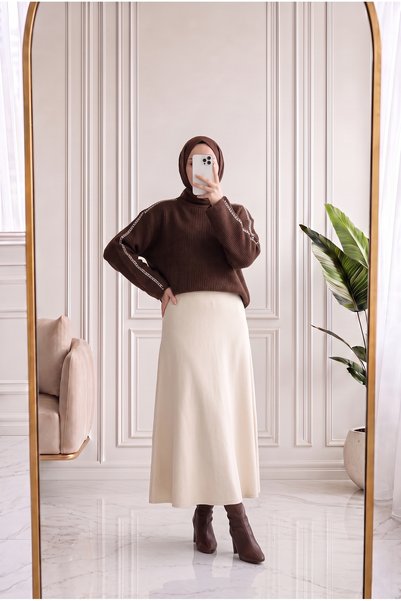 MİHRA STORE Isolde Rollkragenpullover mit Nahtdetails-Zİ5289 Braun
