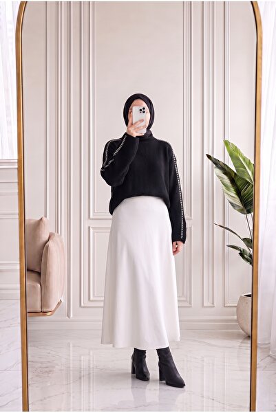 MİHRA STORE Isolde Rollkragenpullover mit Nahtdetails-Zİ5289 Schwarz