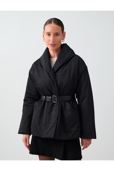 Jimmy Key Siyah Kemer Detaylı Düz Kesim Puf Mont