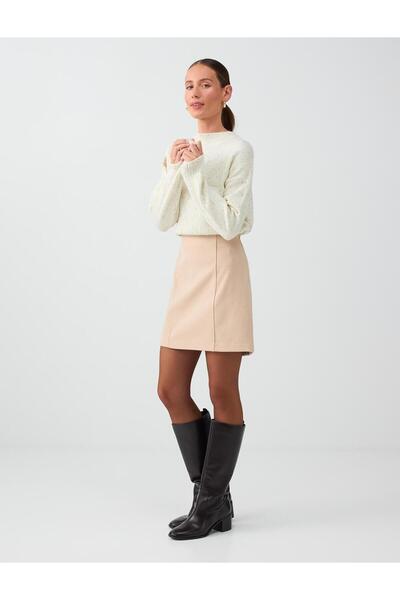Jimmy Key Beige Waist Zippered Straight Cut Short Skirt