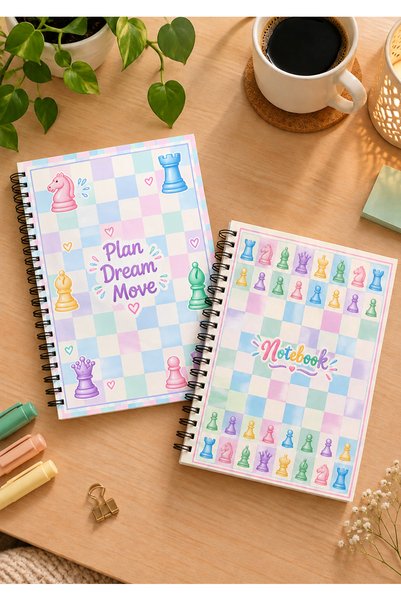 BLACKONECLASS Pastel Chess Themed Set of 2 A5 Metal Spiral Bound Lined-Checke...