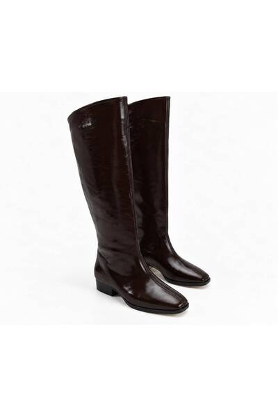 LDR Women's Brown Patent Leather Short Heel Square Toe Below the Knee Boots