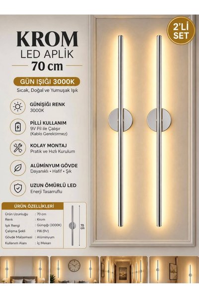 Betül Home Design Krom Kaplamalı Gün Işığı 70 cm Led Duvar Aplik 2 Adet Tekli...