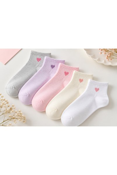 WALTAŞ Black Arden Socks Kadın Kalp Desenli Kolej Çorap 5 Çift