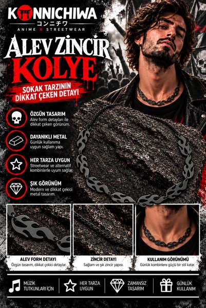 FG KONNİCHİWA Flame Figured Chain Necklace Silver and Black Unisex