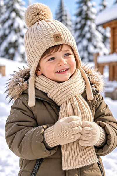 minik'o kids Ki̇tti̇ 26160-12 Boy's 1-4 Years Scarf, Beanie, Gloves Set