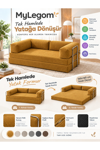 Mygusi MyLegom 80x160 Yataklı Kanepe Fitilli Kadife Dinlenme Koltuğu, Yıkanab...