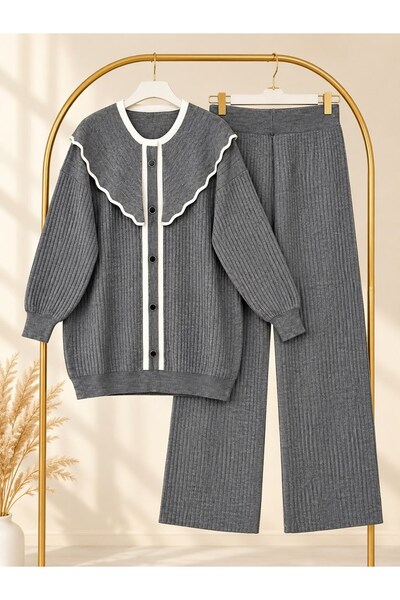 modasindoma Women's Hijab Bebe Collar Striped Knitwear Pants Set Gray