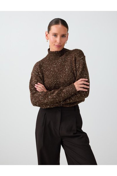 Jimmy Key Dark Brown Stand Collar Relaxed Fit Melange Nopeli Knitwear Sweater