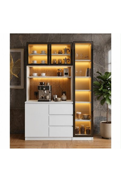 TR Modern LED Aydınlatmalı Kahve Köşesi Vitrin Modüllü 130 cm (BEYAZ)
